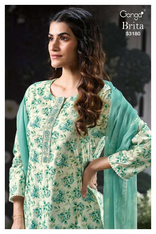 GANGA BRITA S3180 WHOLESALE PREMIUM COTTON PRINTED WITH EMBROIDERY WORK CASUAL SUITS