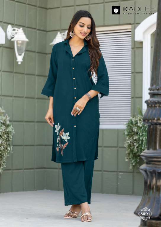 KADLEE NIVA WHOLESALE HEAVY RAYON PRINT WITH HANDWORK FASHIONABLE CORD SET