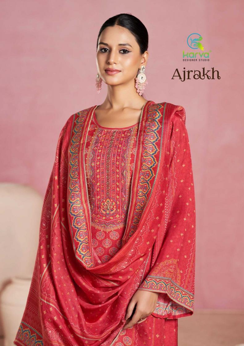 KARVA DESIGNER AJRAKH VISCOSE MUSLIN FASHIONABLE DRESS MATERIAL