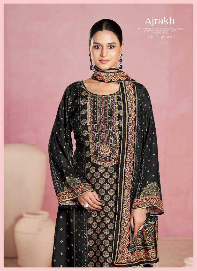 KARVA DESIGNER AJRAKH VISCOSE MUSLIN FASHIONABLE DRESS MATERIAL