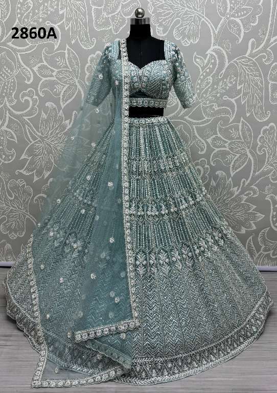 ANJANI ART D.NO 2860 WHOLESALE HEAVY NET DESIGNER LEHENGAS