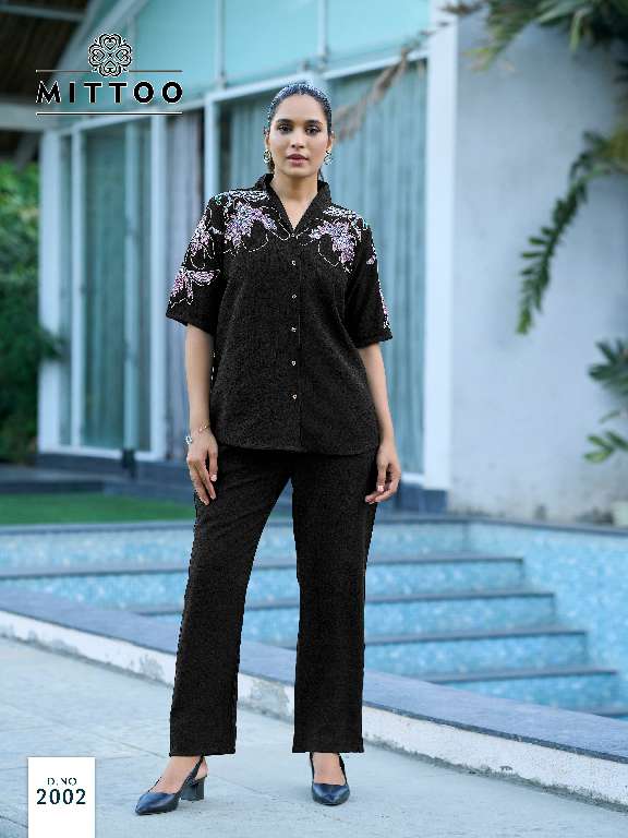 MITTOO DAIZY WHOLESALE VISCOSE CRAP WITH THRED HANDWORK READYMADE FASHIONABLE CORD SET