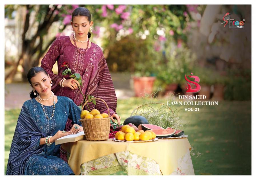 SHREE FABS LAUCH BIN SAEED LAWN COLLECTION VOL 21 COTTON FANCY DESIGN UNSTITCH SUIT