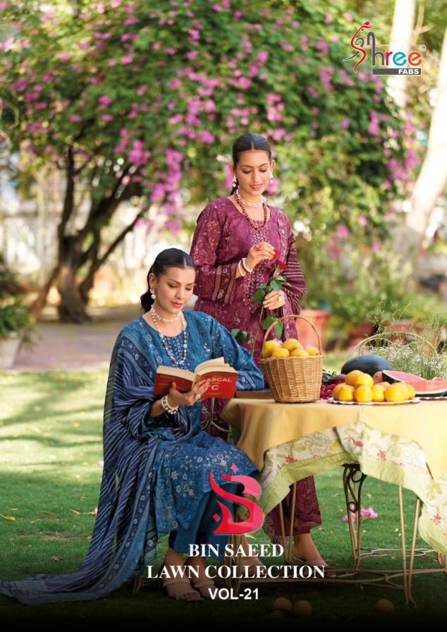 SHREE FABS LAUCH BIN SAEED LAWN COLLECTION VOL 21 COTTON FANCY DESIGN UNSTITCH SUIT
