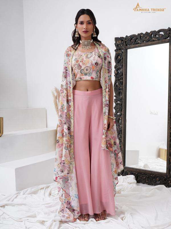 AMOHA TRENDZ C400 FANCY EMBROIDERY CREAPE READYMADE CROP TOP WITH PLAZZO AND SHRUG