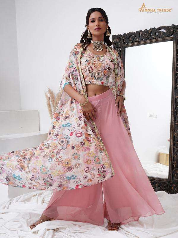 AMOHA TRENDZ C400 FANCY EMBROIDERY CREAPE READYMADE CROP TOP WITH PLAZZO AND SHRUG