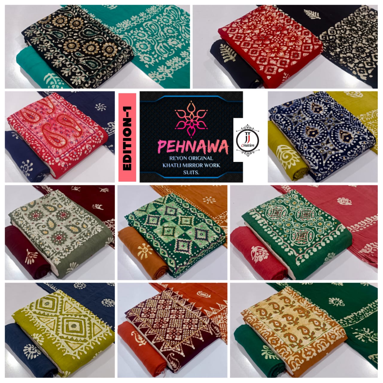 JJ PEHNAWA VOL-1 WHOLESALE RAYON TOP WITH NECK BLOCK WAX BATIK PRINT FANCY DRESS MATERIAL