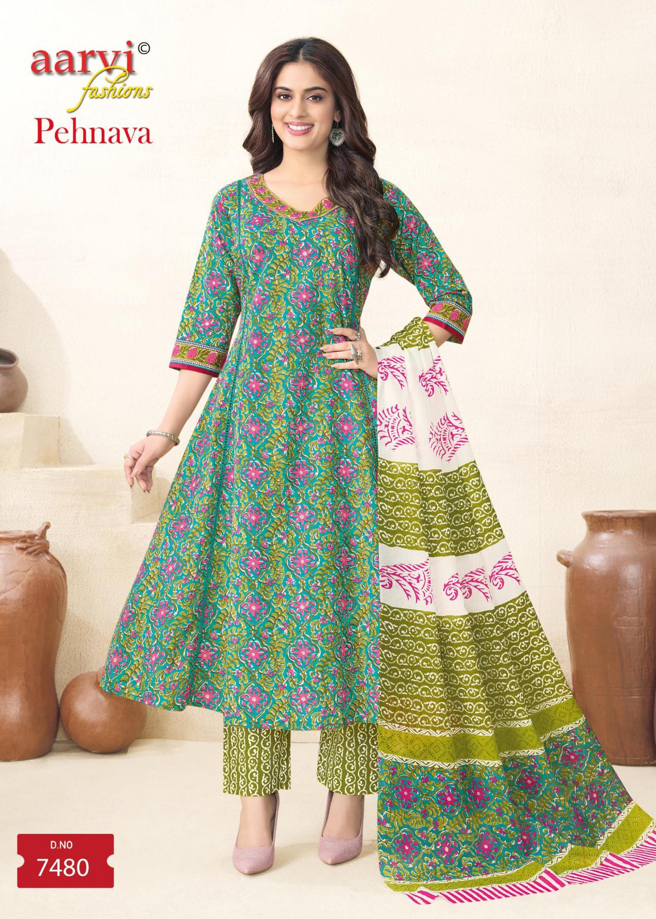 PEHNAVA VOL 1 BY AARVI FASHION COTTON ANARKALI STYLE FULL STITCH SUIT FOR WOMENS