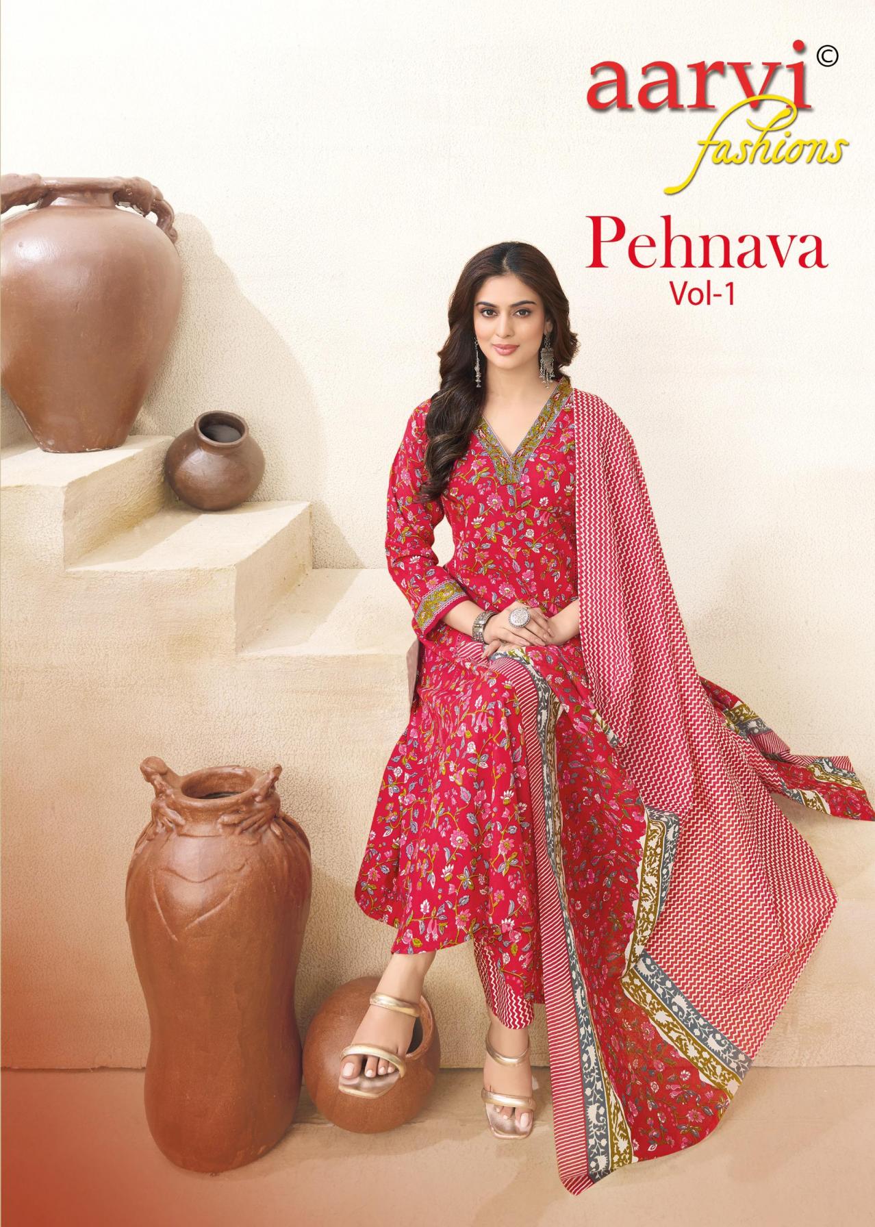 PEHNAVA VOL 1 BY AARVI FASHION COTTON ANARKALI STYLE FULL STITCH SUIT FOR WOMENS