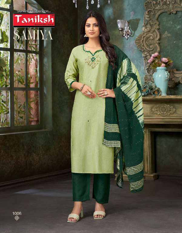 TANIKSH LAUNCH SAMIYA VOL-1 WHOLESALE VERTICAN FABRICS WITH HAND WORK READYMADE CLASSIC STYLE SUITS