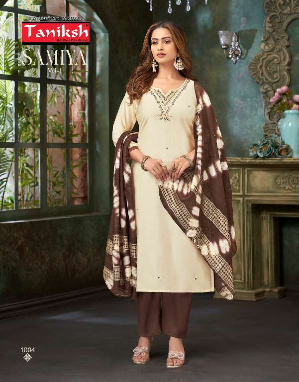 TANIKSH LAUNCH SAMIYA VOL-1 WHOLESALE VERTICAN FABRICS WITH HAND WORK READYMADE CLASSIC STYLE SUITS