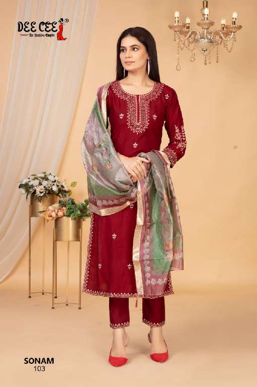 DEE CEE SONAM WHOLESALE VATICAN FABRIC STRAIGHT LONG KURTI WITH COMPUTER EMBROIDERY  FULLY STITCH DRESS