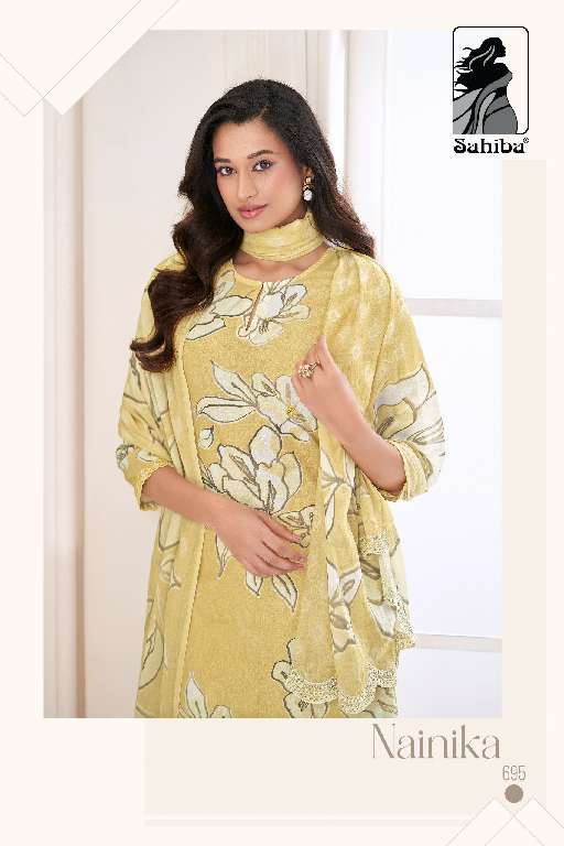 SAHIBA LAUNCH NAINIKA WHOLESALE PURE COTTON LAWN DIGITAL PRINT WITH KHATLI WORK 3 PCS UNIQUE COLOR SALWAR SUITS