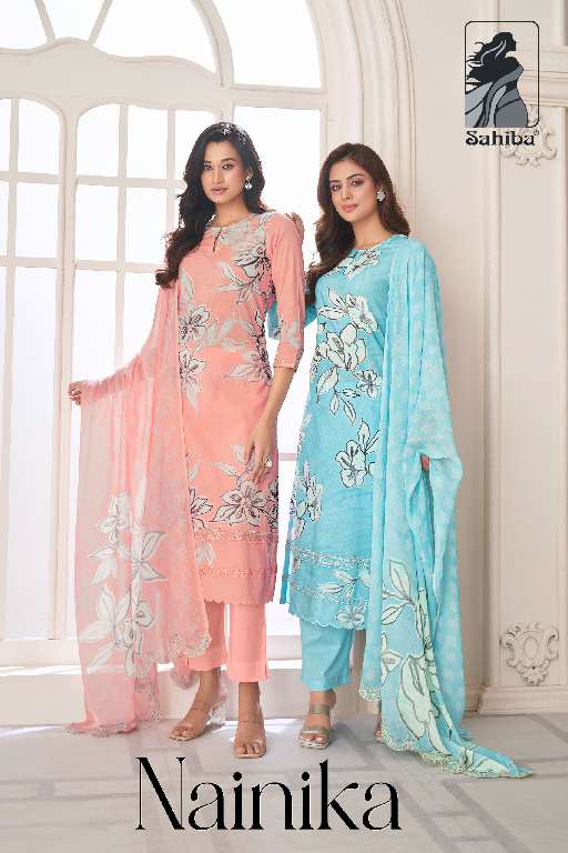SAHIBA LAUNCH NAINIKA WHOLESALE PURE COTTON LAWN DIGITAL PRINT WITH KHATLI WORK 3 PCS UNIQUE COLOR SALWAR SUITS