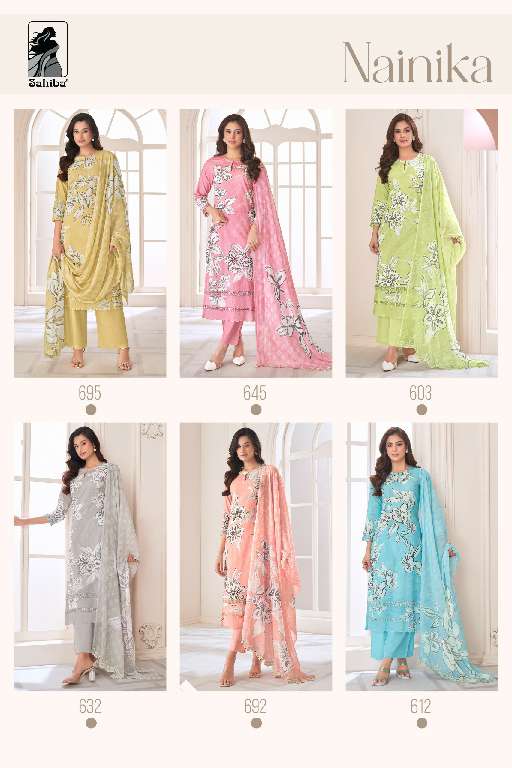 SAHIBA LAUNCH NAINIKA WHOLESALE PURE COTTON LAWN DIGITAL PRINT WITH KHATLI WORK 3 PCS UNIQUE COLOR SALWAR SUITS