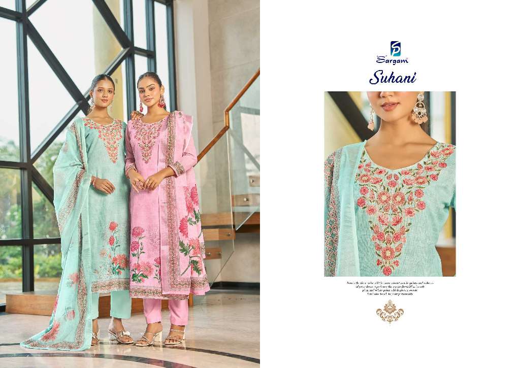 SARGAM SUHANI WHOLESALE PURE LILEN DIGITAL PRINT WITH ELEGANT EMBROIDERY WORK FANCY SALWAR SUITS