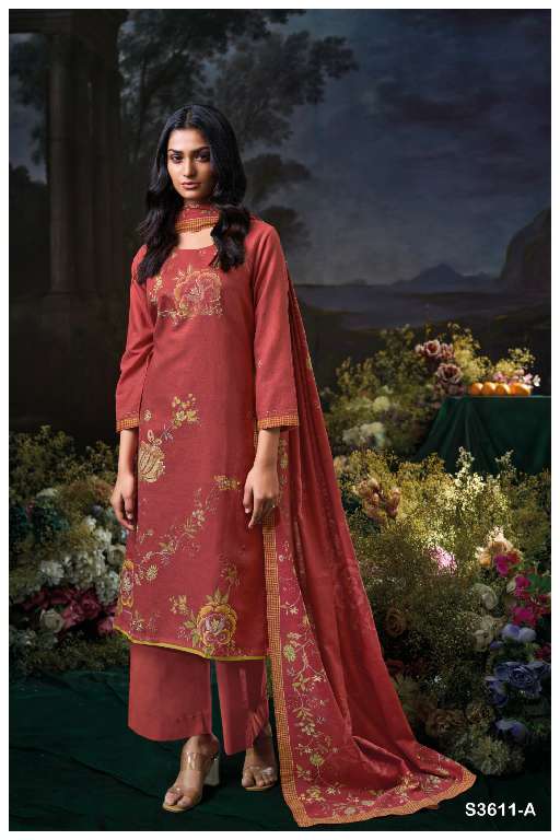 GANGA IDHIKA S3611 WHOLESALE PREMIUM COTTON LINEN PRINTED WITH HAND EMBROIDERY DESIGNER SUITS