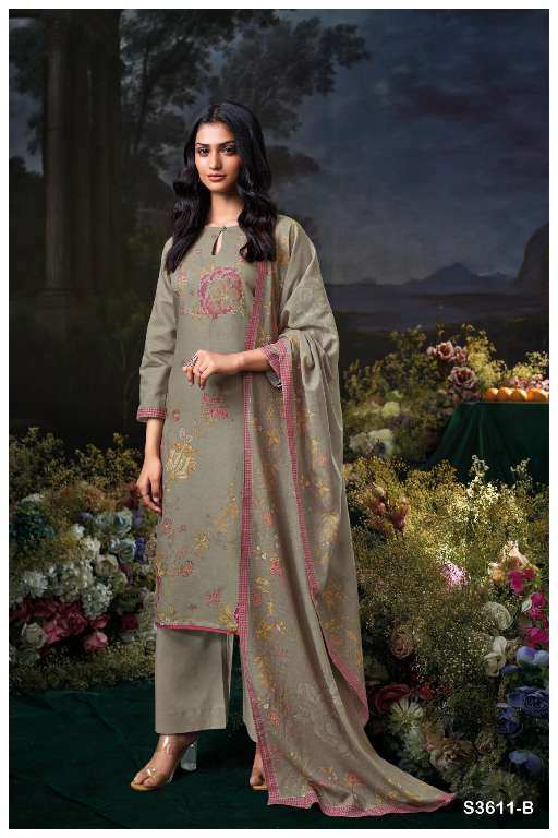 GANGA IDHIKA S3611 WHOLESALE PREMIUM COTTON LINEN PRINTED WITH HAND EMBROIDERY DESIGNER SUITS