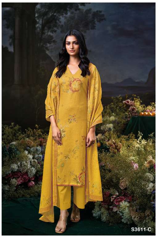 GANGA IDHIKA S3611 WHOLESALE PREMIUM COTTON LINEN PRINTED WITH HAND EMBROIDERY DESIGNER SUITS