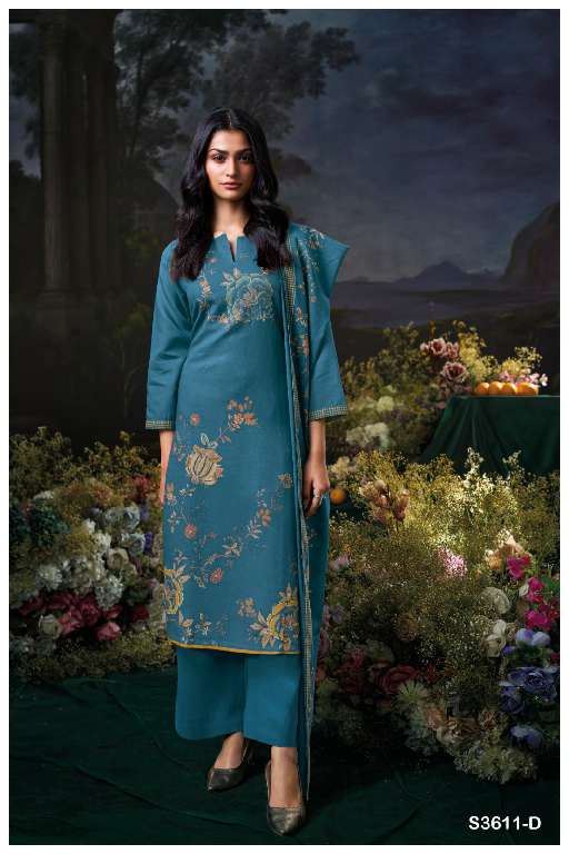 GANGA IDHIKA S3611 WHOLESALE PREMIUM COTTON LINEN PRINTED WITH HAND EMBROIDERY DESIGNER SUITS