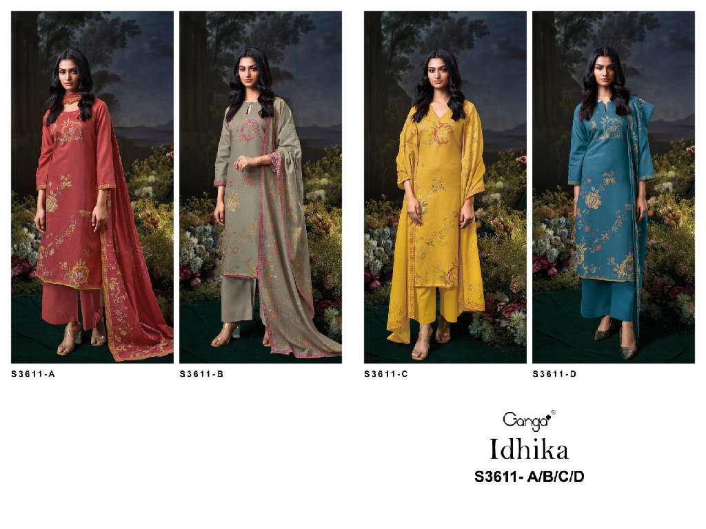 GANGA IDHIKA S3611 WHOLESALE PREMIUM COTTON LINEN PRINTED WITH HAND EMBROIDERY DESIGNER SUITS