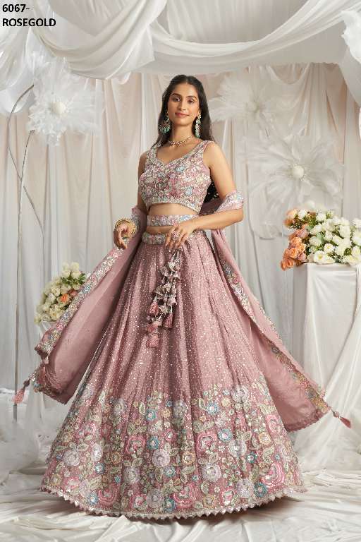 PF SERIES 6067 COLORS WHOLESALE POLY CHIFFON WITH HEAVY WORK DESIGNER LEHENGA FOR ANY OCCASION