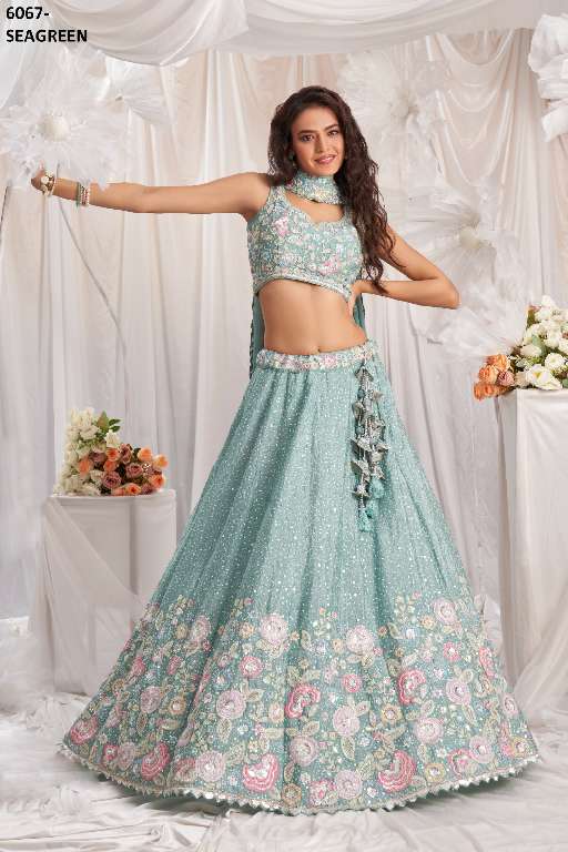 PF SERIES 6067 COLORS WHOLESALE POLY CHIFFON WITH HEAVY WORK DESIGNER LEHENGA FOR ANY OCCASION