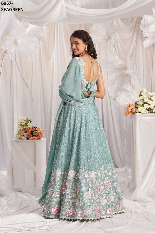 PF SERIES 6067 COLORS WHOLESALE POLY CHIFFON WITH HEAVY WORK DESIGNER LEHENGA FOR ANY OCCASION