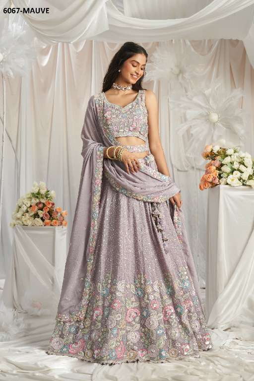 PF SERIES 6067 COLORS WHOLESALE POLY CHIFFON WITH HEAVY WORK DESIGNER LEHENGA FOR ANY OCCASION