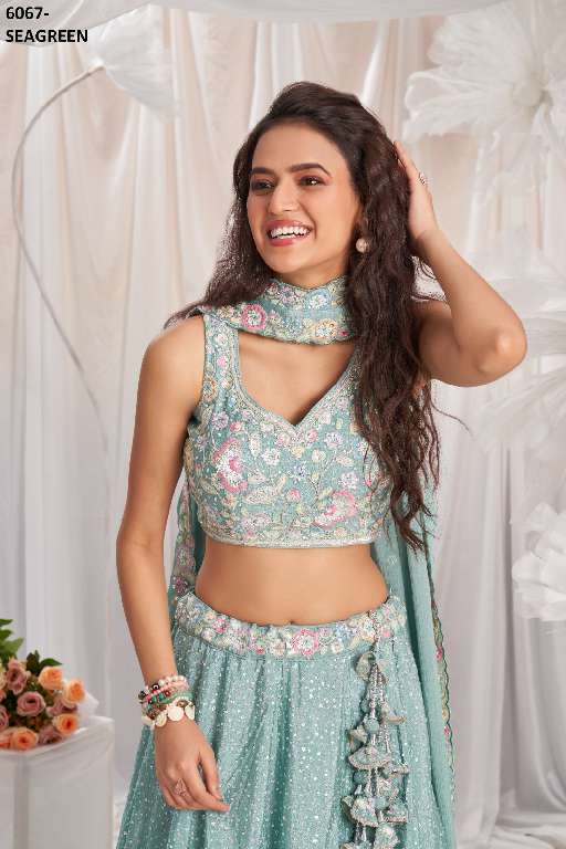 PF SERIES 6067 COLORS WHOLESALE POLY CHIFFON WITH HEAVY WORK DESIGNER LEHENGA FOR ANY OCCASION