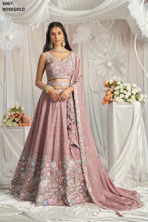 PF SERIES 6067 COLORS WHOLESALE POLY CHIFFON WITH HEAVY WORK DESIGNER LEHENGA FOR ANY OCCASION