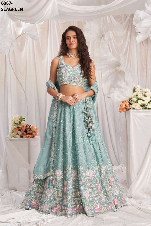 PF SERIES 6067 COLORS WHOLESALE POLY CHIFFON WITH HEAVY WORK DESIGNER LEHENGA FOR ANY OCCASION