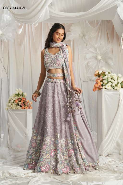 PF SERIES 6067 COLORS WHOLESALE POLY CHIFFON WITH HEAVY WORK DESIGNER LEHENGA FOR ANY OCCASION