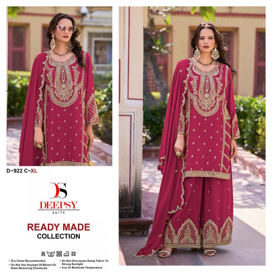 DEEPSY SUITS D 922ABCD PURE CHINNON EMBROIDERY PLAZZO STYLE FULLSTITCH SUITS