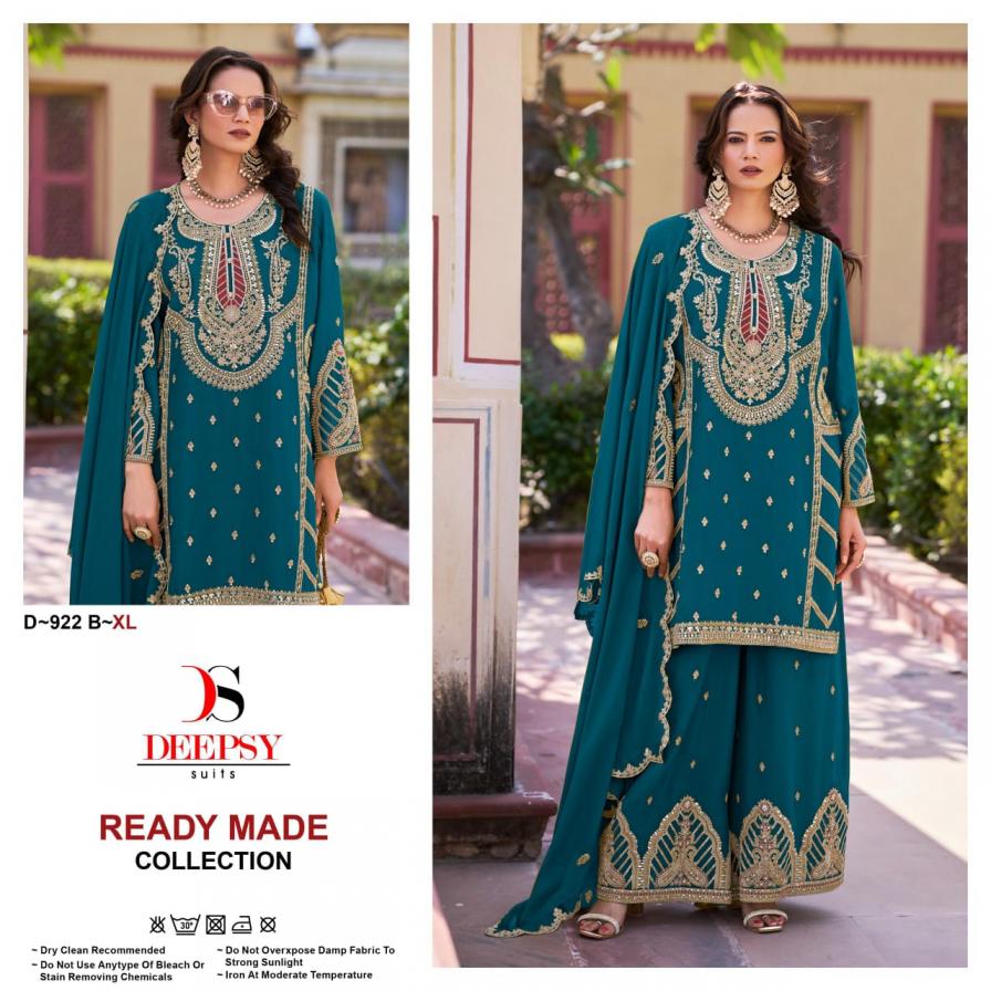 DEEPSY SUITS D 922ABCD PURE CHINNON EMBROIDERY PLAZZO STYLE FULLSTITCH SUITS