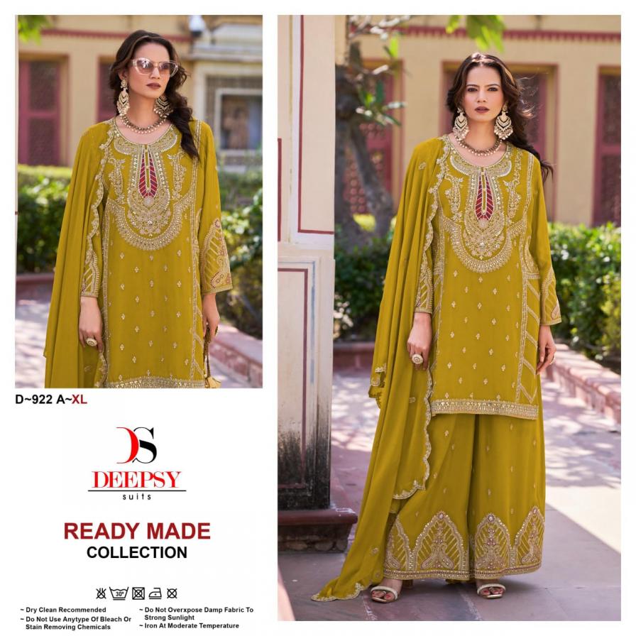 DEEPSY SUITS D 922ABCD PURE CHINNON EMBROIDERY PLAZZO STYLE FULLSTITCH SUITS