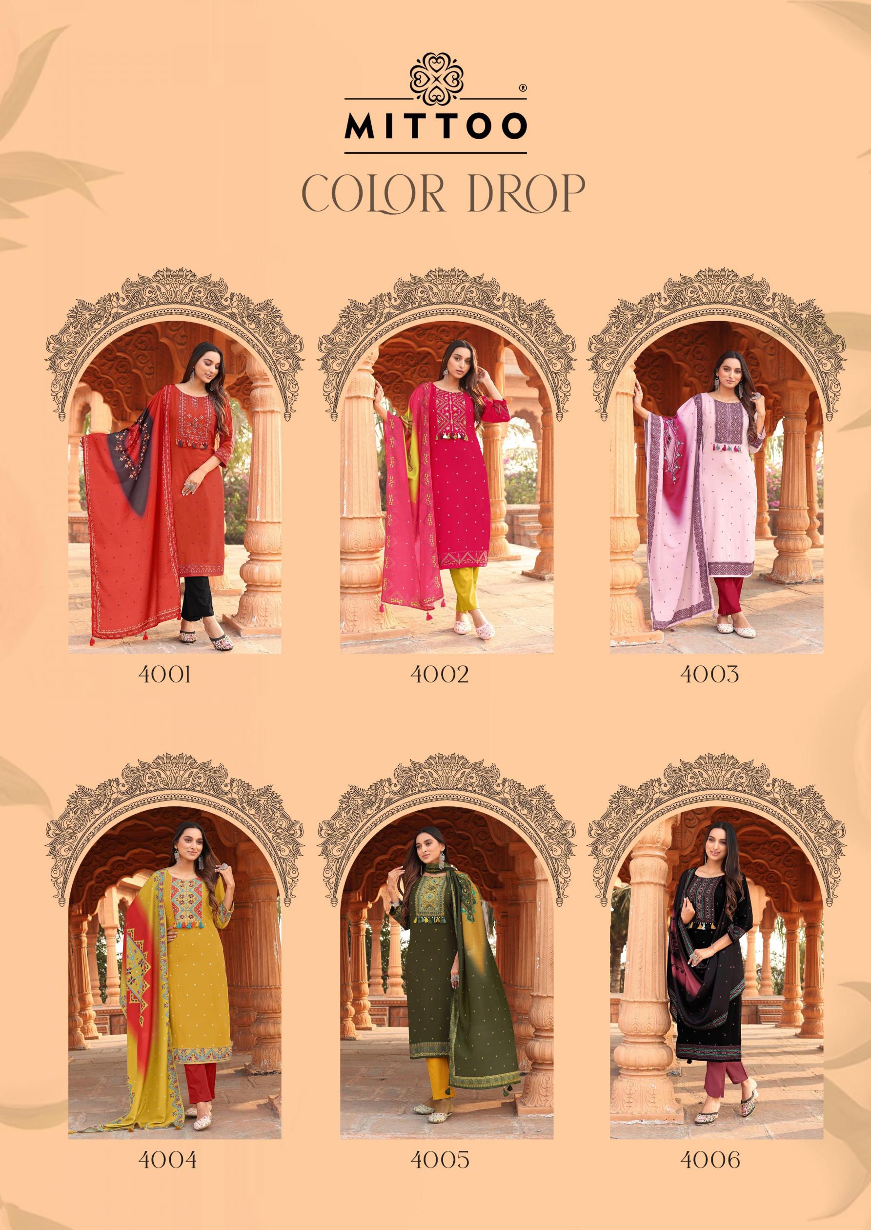MITTOO LAUNCH HEAVY RAYON COLORDROP INDIAN SUITS