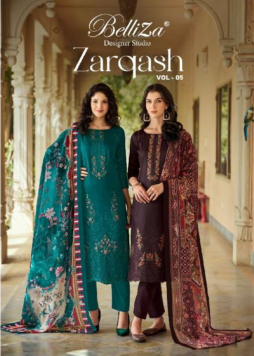 BELLIZA PRESENT ZARQASH VOL-5 WHOLESALE PURE HEAVY JAM WITH HEAVY EMBROIDERY PRETTY DRESS MATERIAL