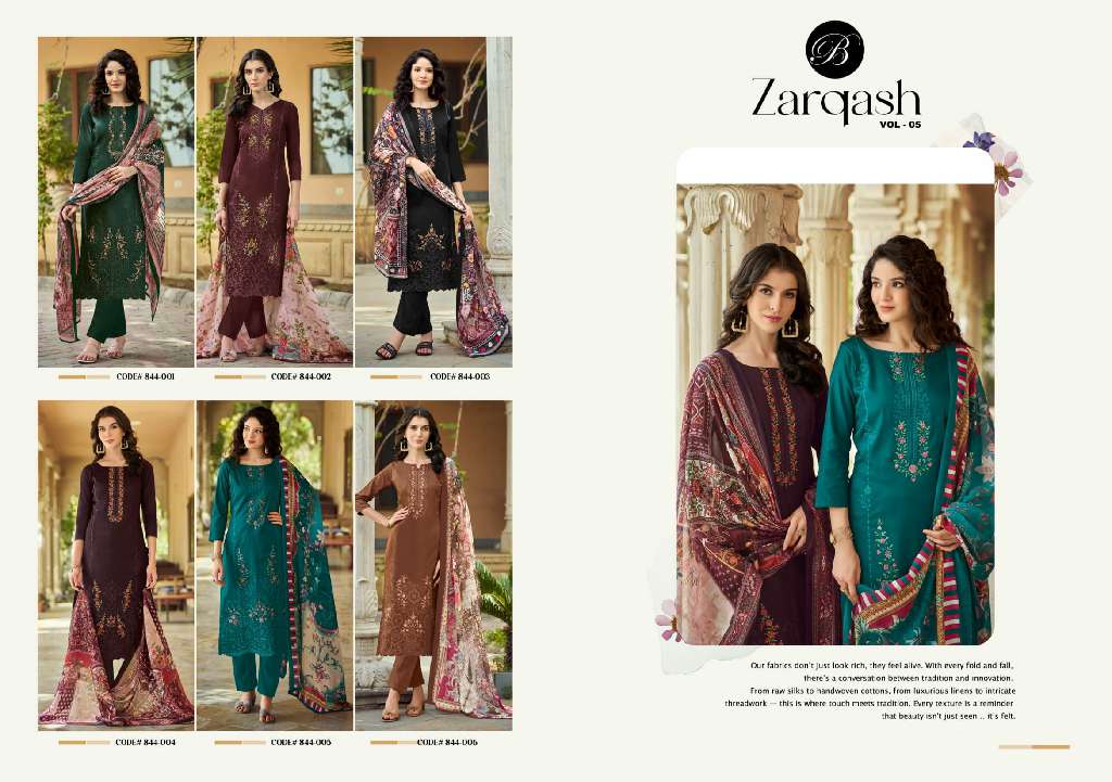 BELLIZA PRESENT ZARQASH VOL-5 WHOLESALE PURE HEAVY JAM WITH HEAVY EMBROIDERY PRETTY DRESS MATERIAL