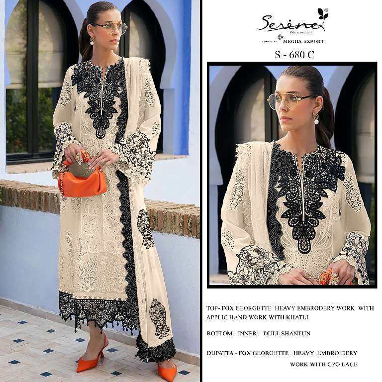 SERINE S-680 WHOLESALE FOX GEORGETTE EMBROIDERY WITH HAND WORK STYLIST PAKISTANI SUITS