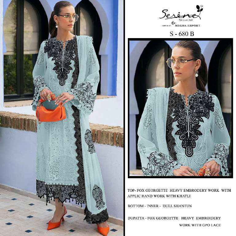 SERINE S-680 WHOLESALE FOX GEORGETTE EMBROIDERY WITH HAND WORK STYLIST PAKISTANI SUITS