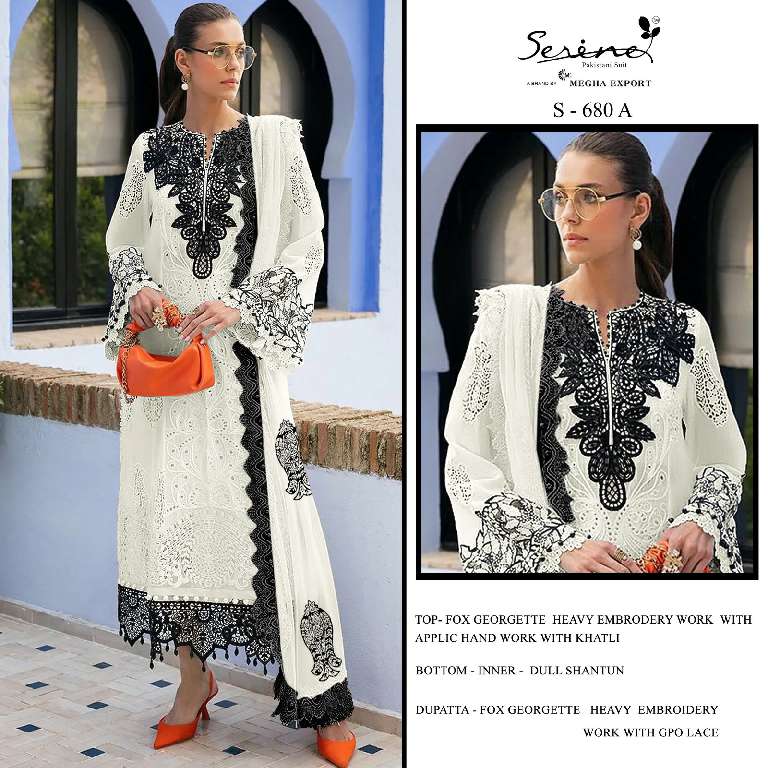 SERINE S-680 WHOLESALE FOX GEORGETTE EMBROIDERY WITH HAND WORK STYLIST PAKISTANI SUITS