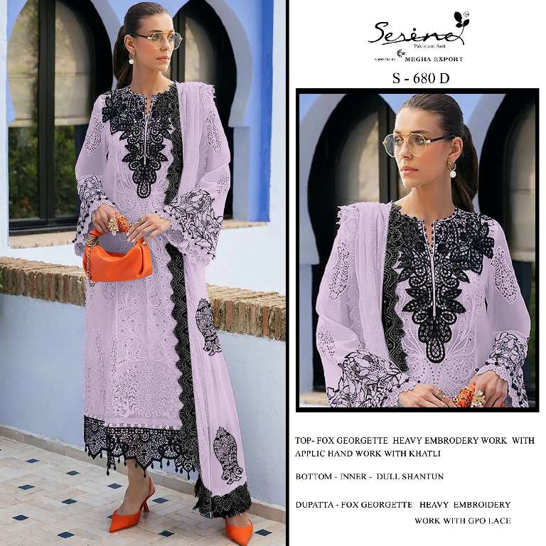 SERINE S-680 WHOLESALE FOX GEORGETTE EMBROIDERY WITH HAND WORK STYLIST PAKISTANI SUITS