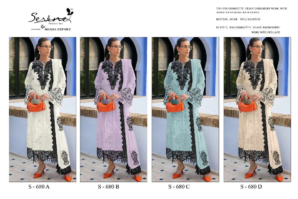 SERINE S-680 WHOLESALE FOX GEORGETTE EMBROIDERY WITH HAND WORK STYLIST PAKISTANI SUITS