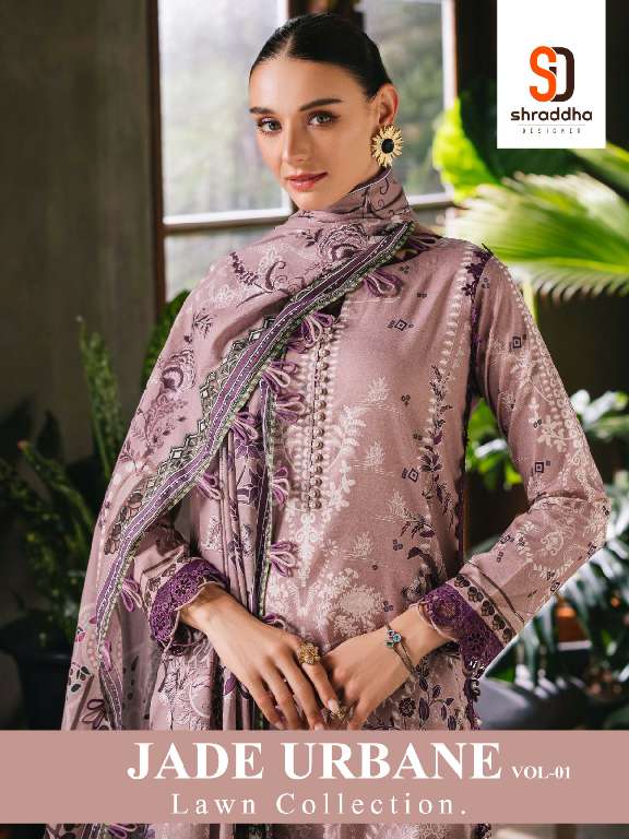 SHRADDHA JADE URBANE VOL-1 WHOLESALE LAWN COTTON PRINTED WITH EMBROIDERY PATCH STYLIST PAKISTANI SUITS