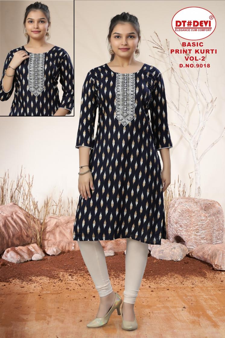 BASIC PRINT KURTI VOL 2 BY DT DEVI READYMADE 9018 RAYON CLASSIC COMBO KIDS KURTI