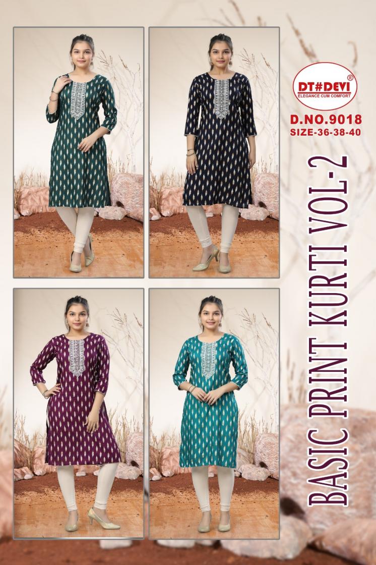 BASIC PRINT KURTI VOL 2 BY DT DEVI READYMADE 9018 RAYON CLASSIC COMBO KIDS KURTI