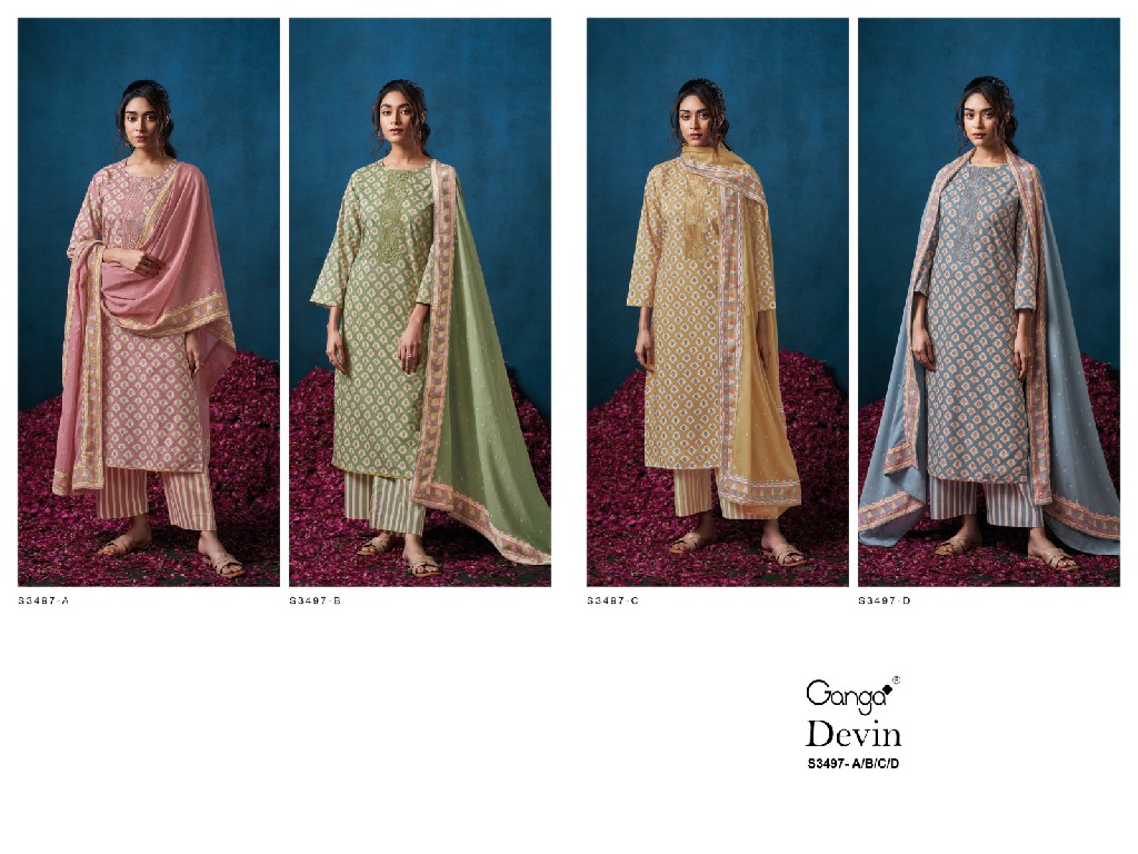 GANGA DEVIN S3497 WHOLESALE PREMIUM COTTON PRINTED SEMI STITCHED CLASSIC STYLE SALWAR SUITS