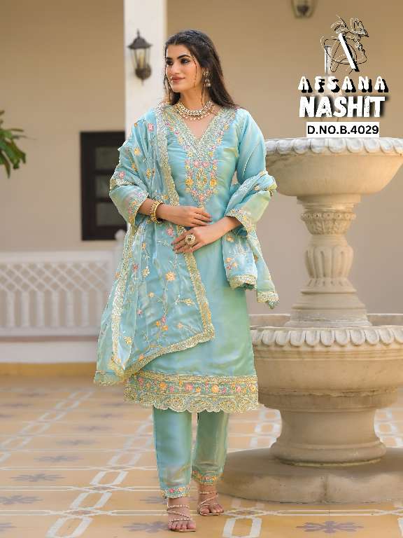 AFSANA NASHIT WHOLESALE JIMI CHOO WITH NECK WORK EMBROIDERED READYMADE STYLIST SUITS