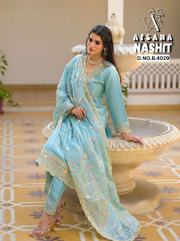 AFSANA NASHIT WHOLESALE JIMI CHOO WITH NECK WORK EMBROIDERED READYMADE STYLIST SUITS
